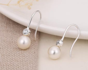Pearl Drop Earrings • Sterling Silver Dangle with Freshwater Pearl & CZ • Minimal Bridal Earrings • Gift for Her • Classic Jewellery •