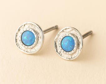 Molten Sterling Silver Framed Blue Opal Stud Earrings
