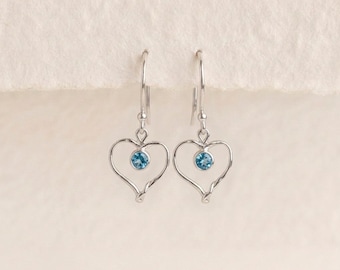 Blue Topaz Heart Drop Earrings in Molten Sterling Silver