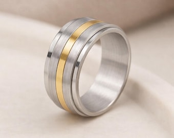 Personalised Silver Stainless Steel Spinner Ring with Gold - 7mm