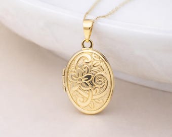 Personalised Solid 9ct Gold Oval Embossed Flower Locket Necklace With Photos