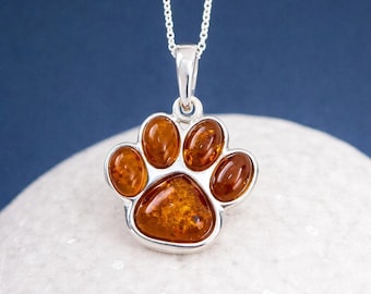 Personalised Sterling Silver Baltic Amber Paw Print Pendant Necklace