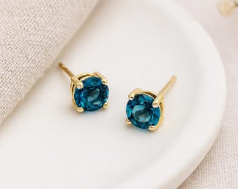Blue Topaz Stud Earrings • 9ct Gold • December Birthstone • London Blue Topaz Jewellery • Gift for Her • Dainty Gold Studs •