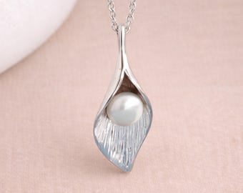Personalised Molten Sterling Silver Calla Lily Necklace with Freshwater Pearl