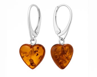 Sterling Silver Baltic Amber Heart Drop Leverback Earrings – 13mm