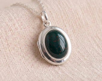 Personalised Bloodstone Engraved Photo Locket Necklace In Sterling Silver