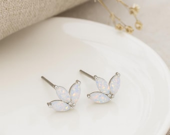 Sterling Silver White Opal Lotus Stud Earrings – 8mm • October Birthstone • Dainty Butterfly-Inspired Studs • Gift for Her •