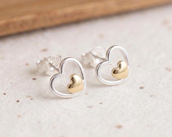 Personalised Double Heart Stud Earrings In Sterling Silver And Gold