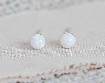 Sterling Silver White Opal Bead Stud Earrings