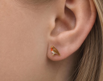 Gold Plated Enamel Robin Stud Earrings