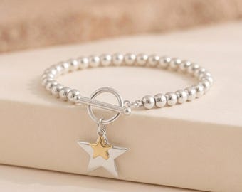 Star T Bar Stretch Bead Bracelet With Sterling Silver And Gold Plating