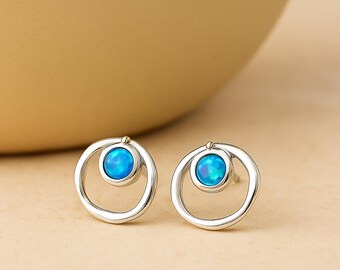 Molten Sterling Silver Blue Opal Halo Stud Earrings