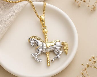 Carousel Horse Pendant • Sterling Silver & 18ct Gold Plated • Moving Horse Charm • Personalised Fairground Necklace • Whimsical Jewelry Gift