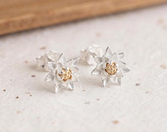 July Water Lily Birth Flower Stud Earrings In Sterling Silver And Gold