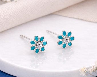 Sterling Silver Emerald Green Forget Me Not Flower Stud Earrings – 5mm