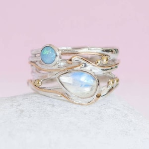 Molten Moonstone & Opal Ring • Organic Sterling Silver Ring with 14kt Gold • Sculptural Teardrop Gemstone Ring • Handmade Gift •