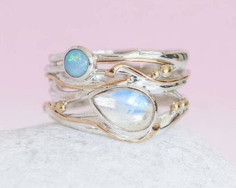 Molten Moonstone & Opal Ring • Organic Sterling Silver Ring with 14kt Gold • Sculptural Teardrop Gemstone Ring • Handmade Gift •