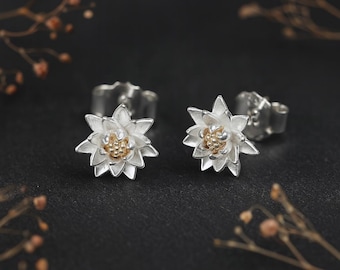 Sterling Silver July Birth Flower Lotus Water Lily Stud Earrings