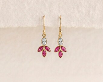 Blue Topaz and Pink Quartz Drop Earrings in Gold Plated Sterling Silver