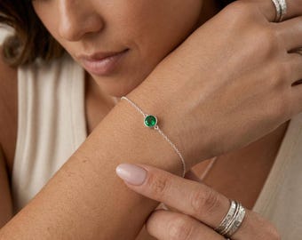 Personalised May Emerald Birthstone Bracelet in Sterling Silver