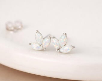 Sterling Silver White Opal Lotus Stud Earrings – 8mm