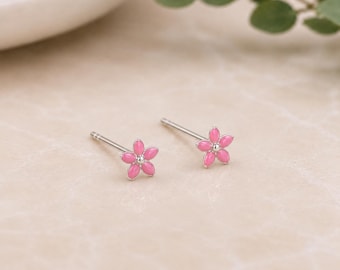 Tiny Sterling Silver Pink Flower Stud Earrings