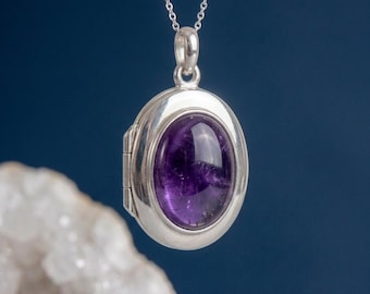 Personalised Amethyst Photo Locket Necklace in Sterling Silver