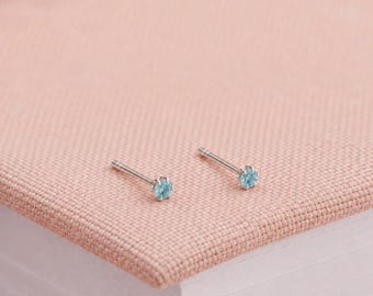 3mm Sterling Silver Aquamarine Blue Crystal Stud Earrings
