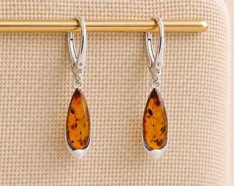Sterling Silver Baltic Amber Teardrop Earrings – 8mm