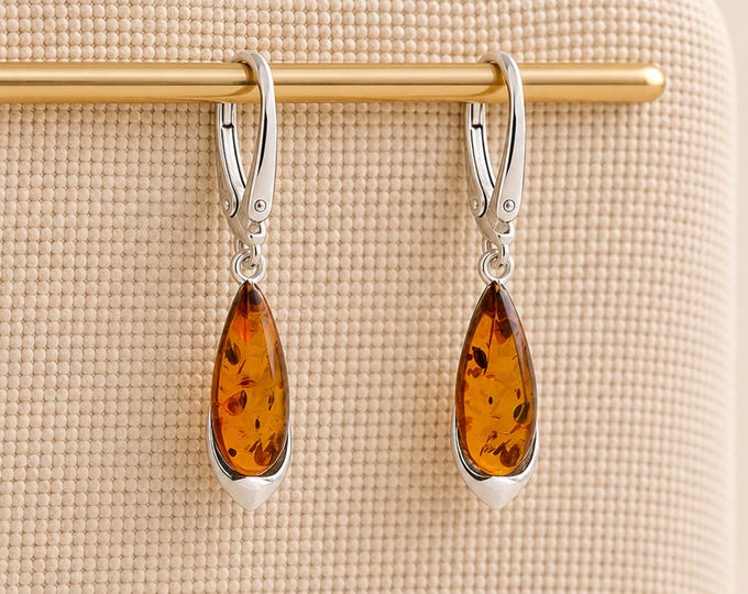 Featured listing image: Sterling Silver Baltic Amber Teardrop Earrings – 8mm
