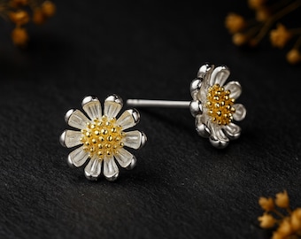 Sterling Silver Golden Daisy Stud Earrings