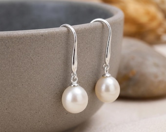White Freshwater Pearl Drop Earrings in Sterling Silver