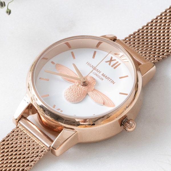 Personalised Rose Gold Bee Watch with White Face