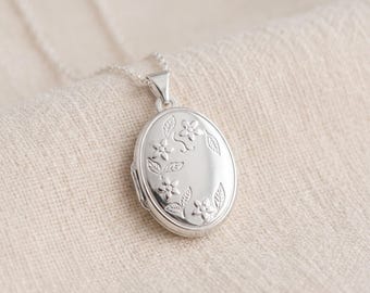 Personalised Oval Engraved Flower Photo Locket Necklace In Sterling Silver