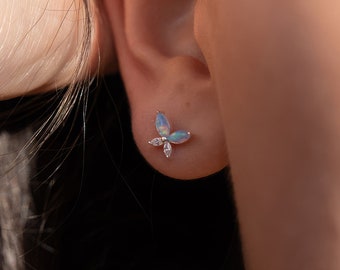 Sterling Silver Blue Opal Butterfly Stud Earrings