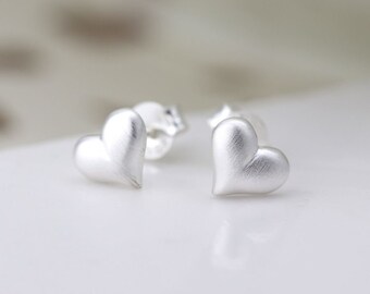 Brushed Heart Stud Earrings in Sterling Silver, Dainty Little Heart Earrings, Tiny Heart Studs