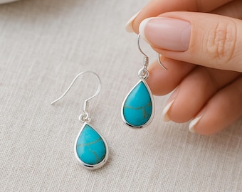 Sterling Silver Turquoise Drop Earrings: December Birthstone, 14mm x 9mm