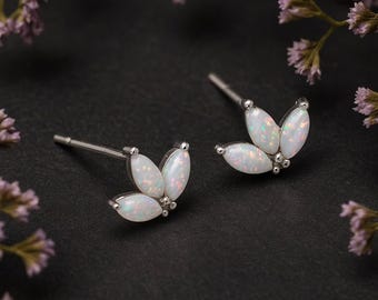 Sterling Silver White Opal Lotus Stud Earrings