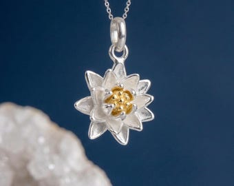 Personalised July Lotus Water Lily Birth Flower Pendant Necklace In Sterling Silver And Gold