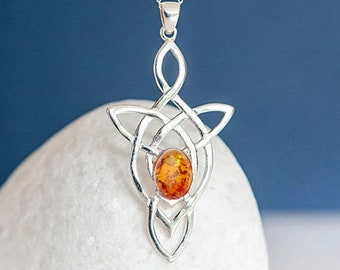 Genuine Baltic Amber Celtic Knot Necklace in Sterling Silver, Motherhood Knot, 6th Wedding Anniversary Gift, February Birthday