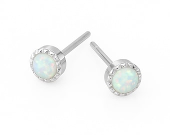 Hammered Sterling Silver Opal Micro Stud Earrings – 4mm