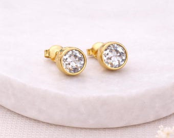 Gold Plated Sterling Silver April Cubic Zirconia Birthstone Stud Earrings – 7mm