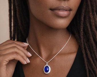 Personalised Sterling Silver Lapis Lazuli Gemstone Locket Necklace With Photos