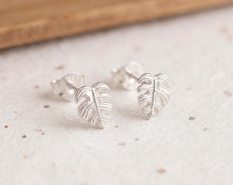 Monstera Leaf Stud Earrings in Sterling Silver