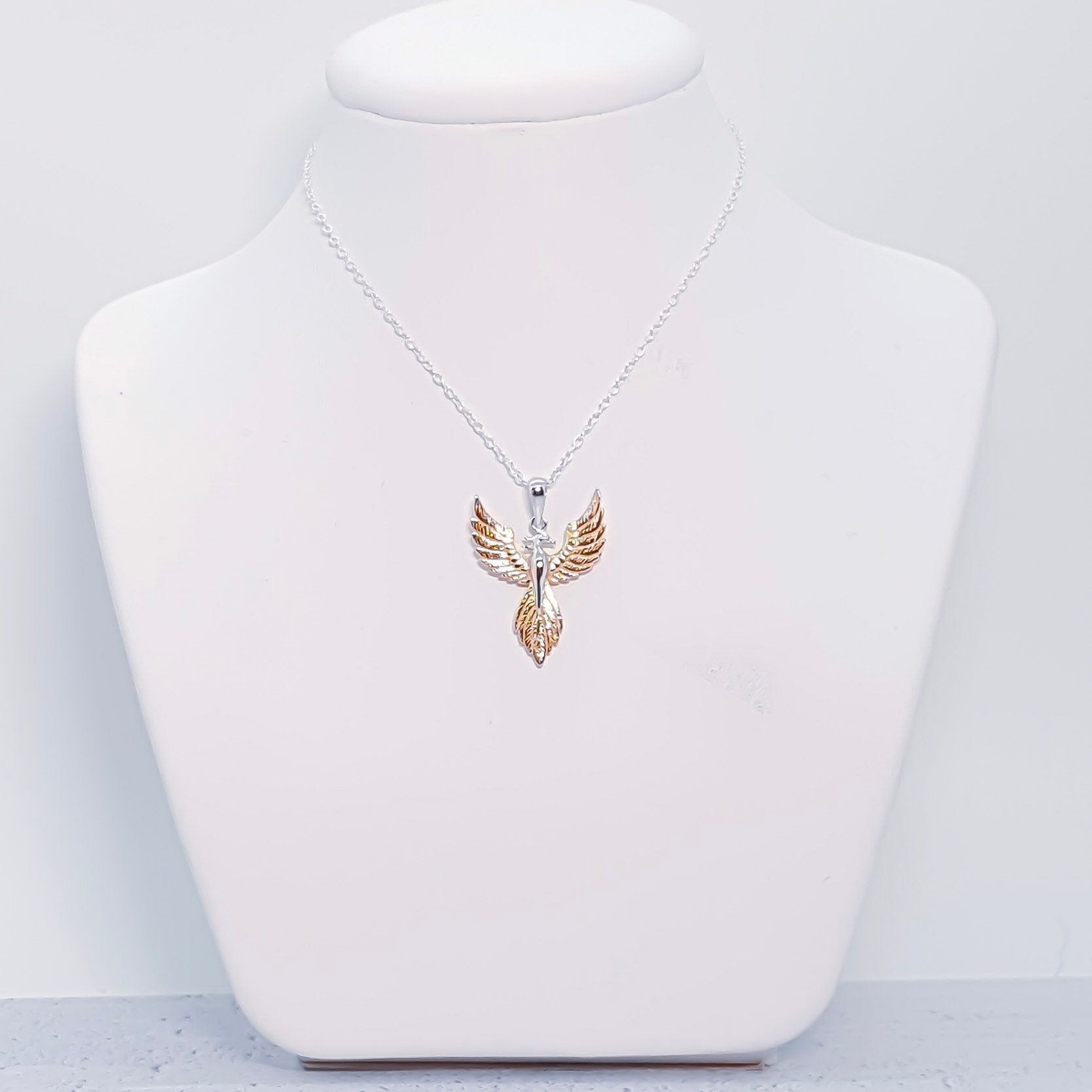 Sterling Silver and 18ct Rose Gold Rising Phoenix Pendant Necklace for ...