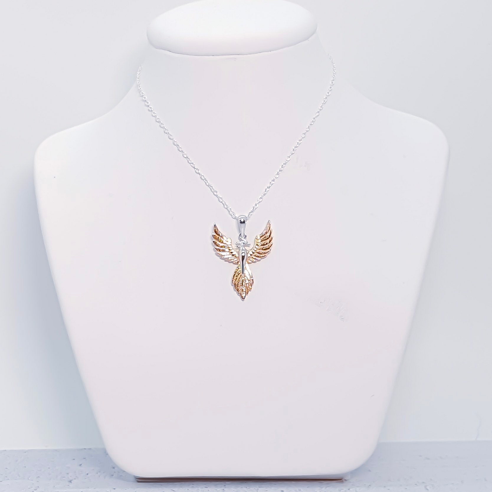 Sterling Silver and 18ct Rose Gold Rising Phoenix Pendant Necklace for