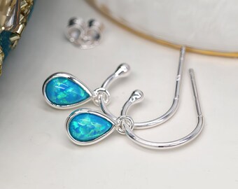 Sterling Silver Teardrop Blue Opal Hoop Earrings