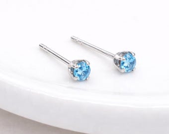 Sterling Silver Aquamarine Micro Stud Earrings – 3mm