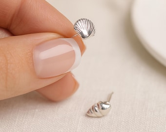 Mismatched Shell Stud Earrings: Sterling Silver Beach Jewelry