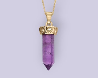 Genuine Amethyst Point Necklace in 18ct Gold Plated Sterling Silver, Gold Crystal Point Jewellery, Amethyst Crystal Necklace